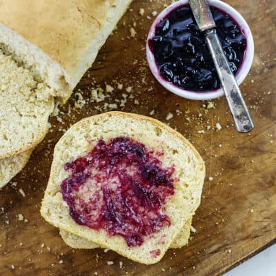 Overhed view of bread spread with jam.