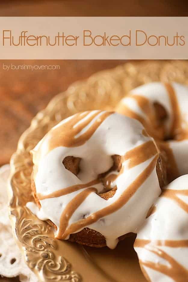 Fluffernutter Donut Recipe - baked peanut butter donuts with a gooey, messy marshmallow glaze! 