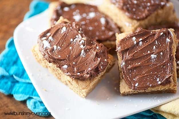 Chocolate fudge peanut butter bars on a square white plate.