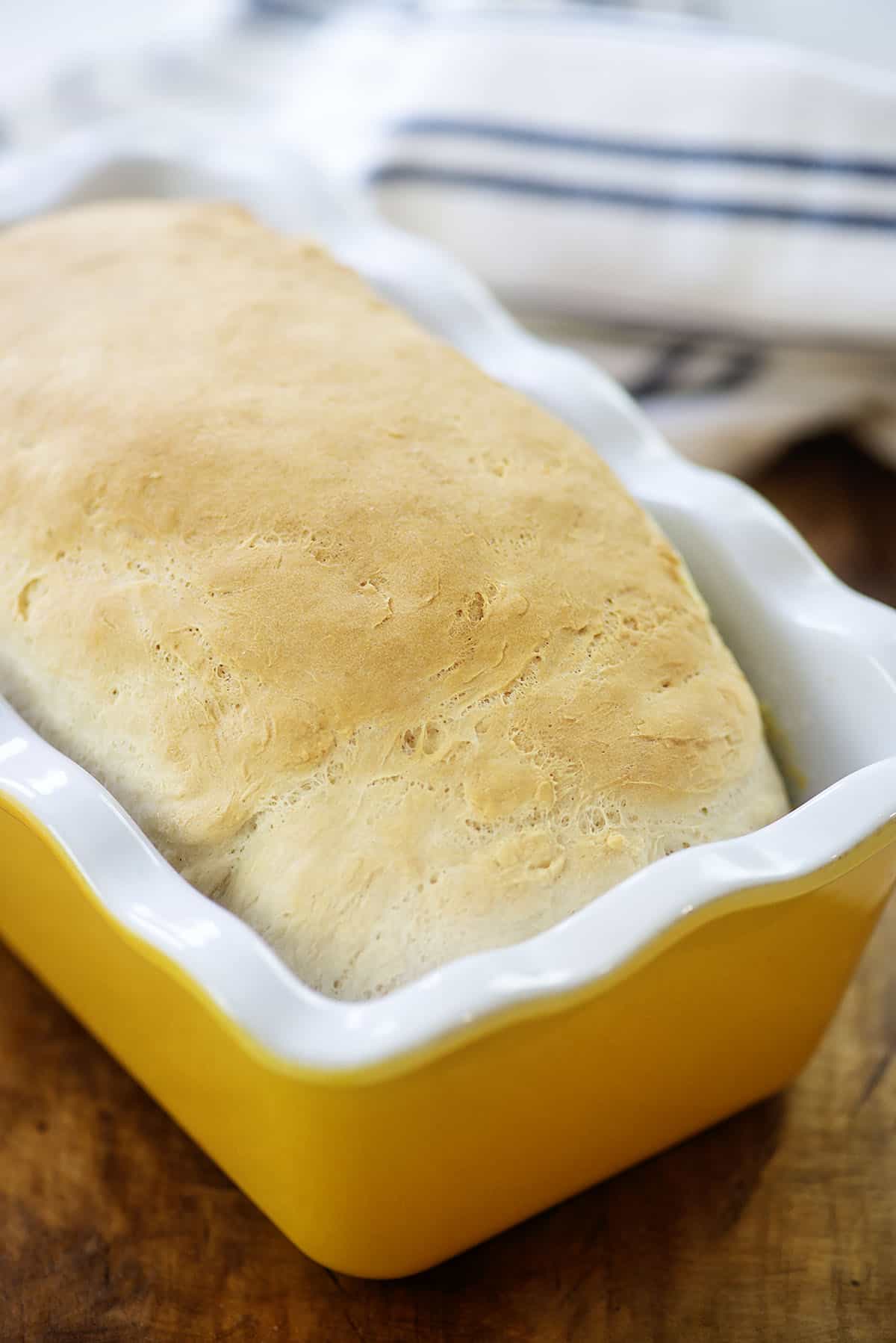 Baked English muffin bread in loaf pan.