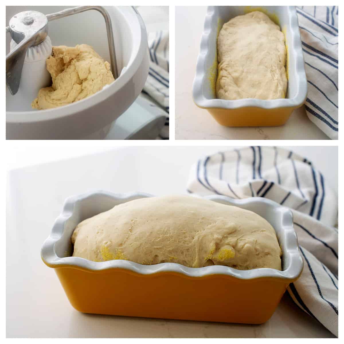 Collage showing how to make English muffin bread recipe.