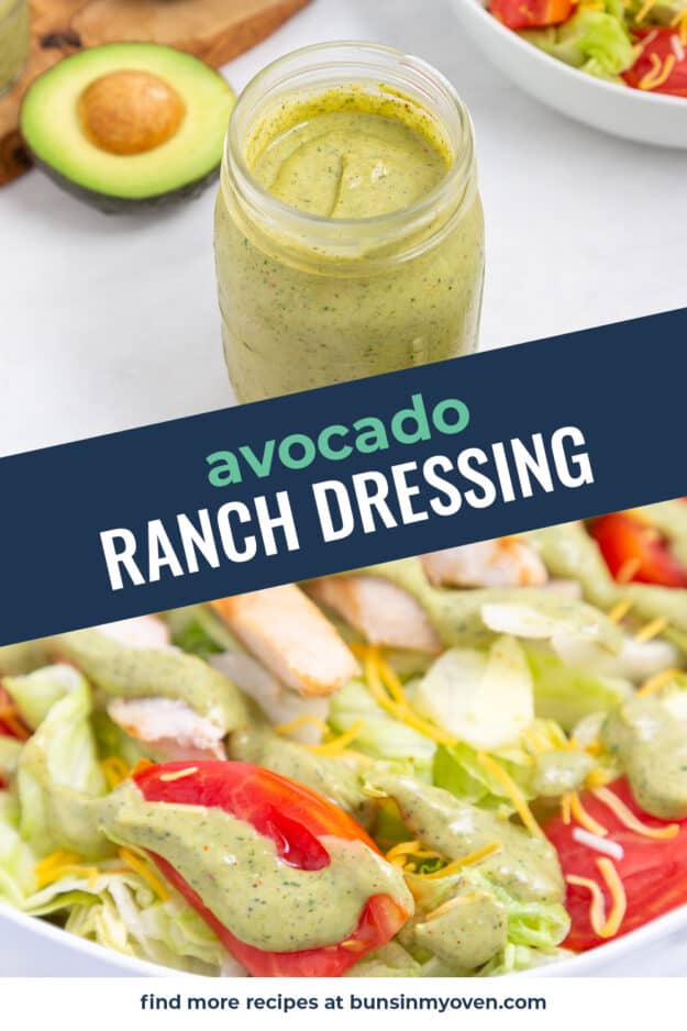 collage of avocado ranch dressing images.