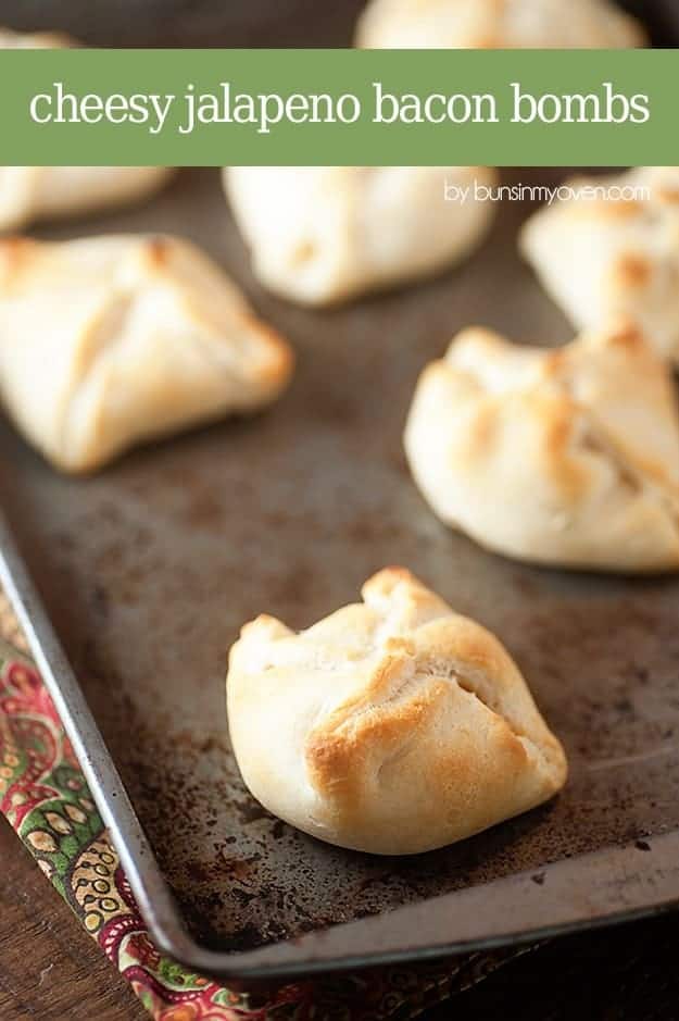 These cheesy jalapeno bacon bombs use crescent roll dough for an easy snack that is full of gooey cheese and bacon!