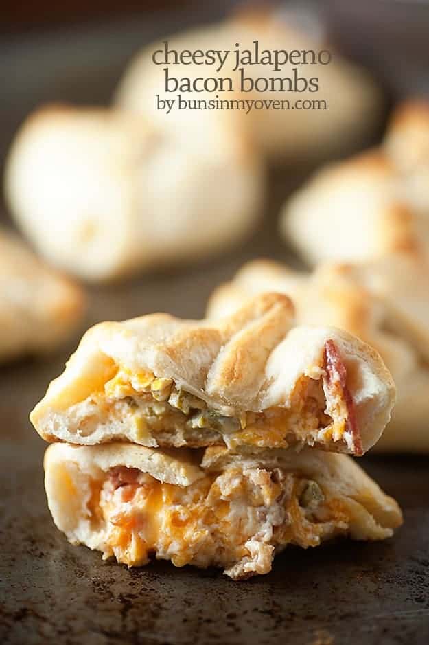These cheesy jalapeno bacon bombs use crescent roll dough for an easy snack that is full of gooey cheese and bacon!