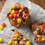 7 layer chocolate peanut butter bars recipe with Reese's candies