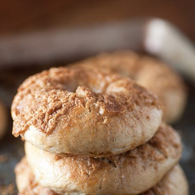 A close up of a stack of bagels.