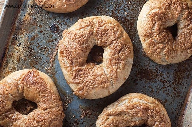 An overhead view of cinnamon bagels on a baking sheet.