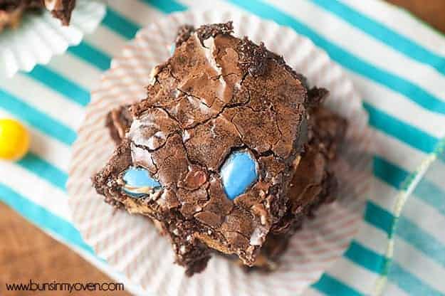 An overhead view of easter egg decorated brownies