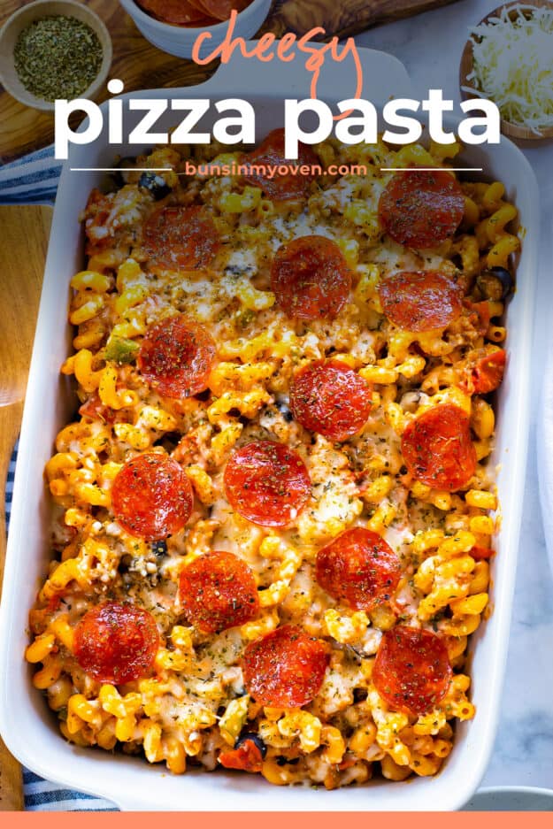 Overhead view of baked pizza pasta recipe.