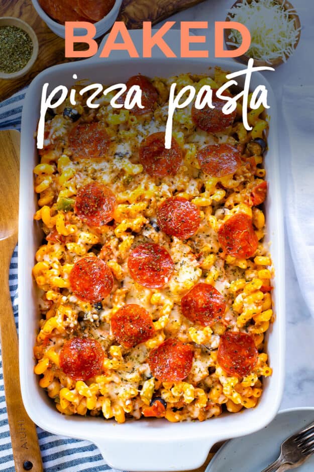 Pizza pasta in baking dish.