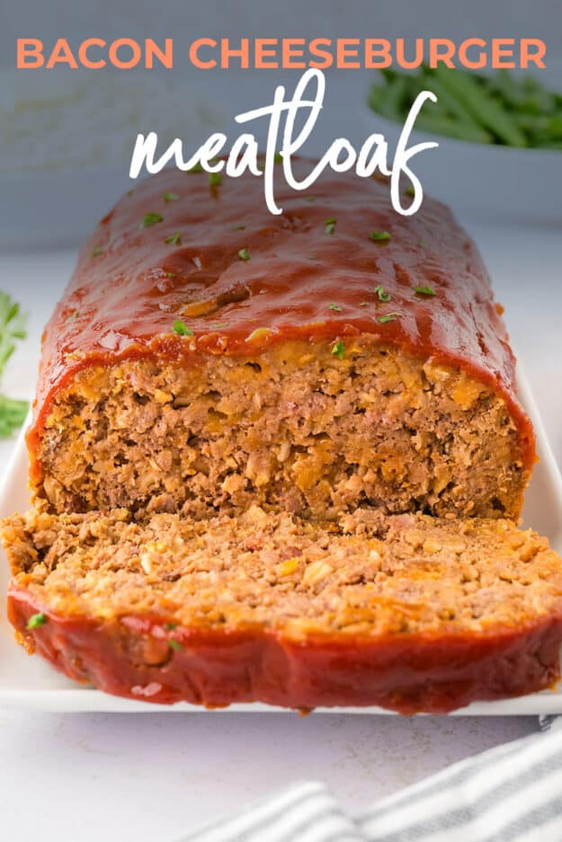 Sliced cheeseburger meatloaf with text for Pinterest.
