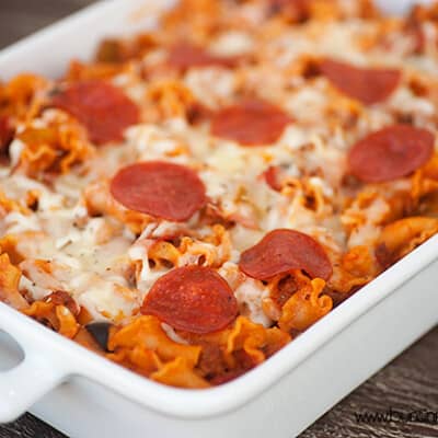 Pizza pasta in a large baking dish.