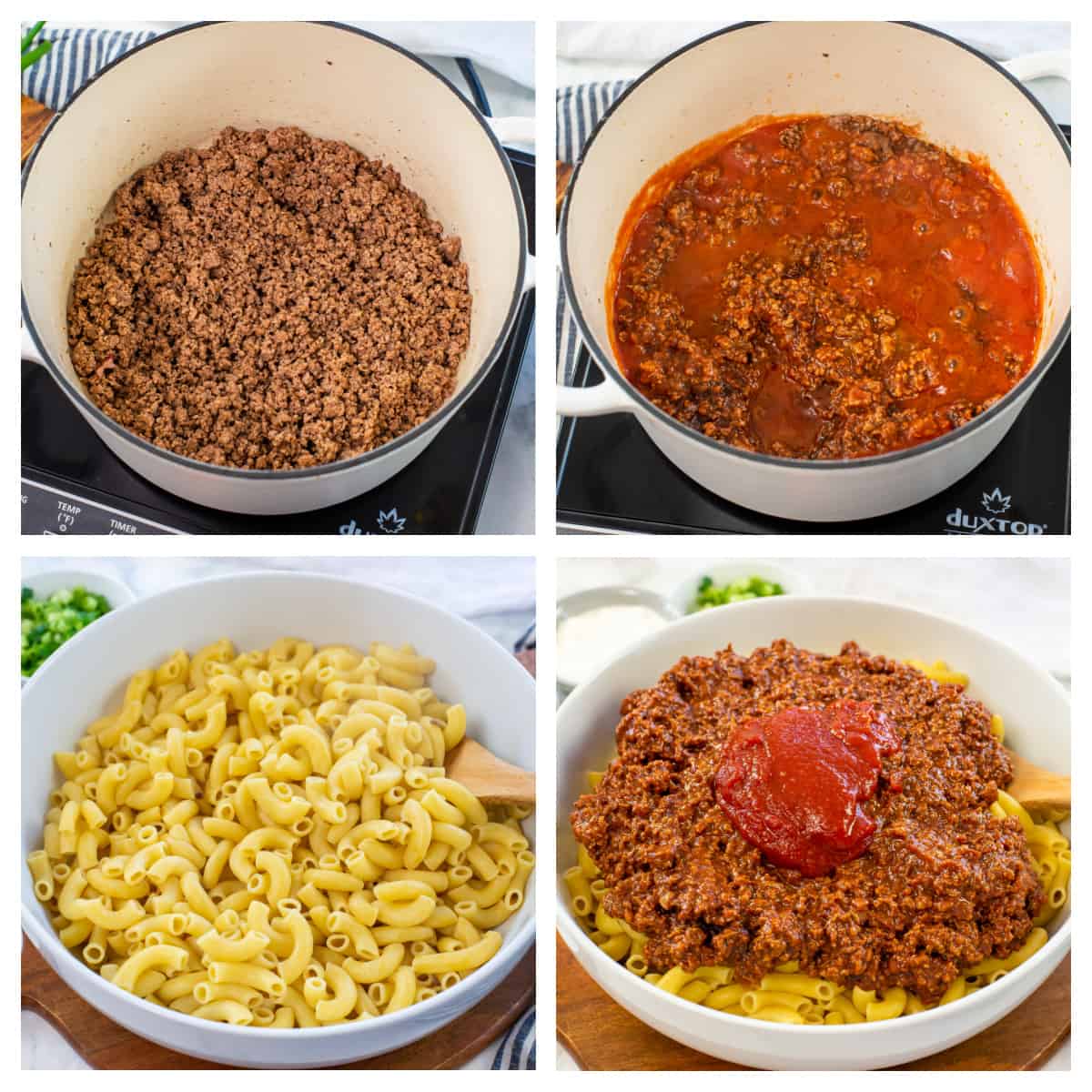 Collage showing how to make chili mac at home.