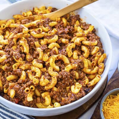 Chili mac in bowl.