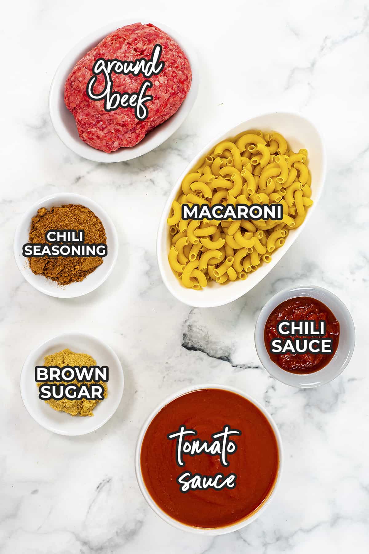 Ingredients for chili mac recipe.