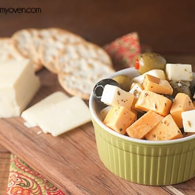 Marinated cheese and olives - an easy snack that's perfect with a glass of wine!