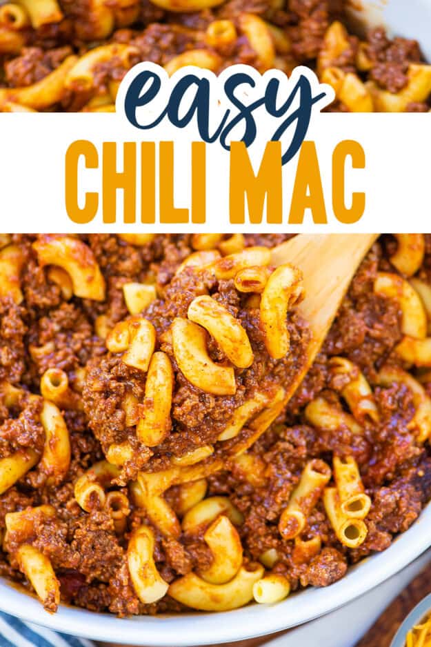 Chili mac on wooden spoon.