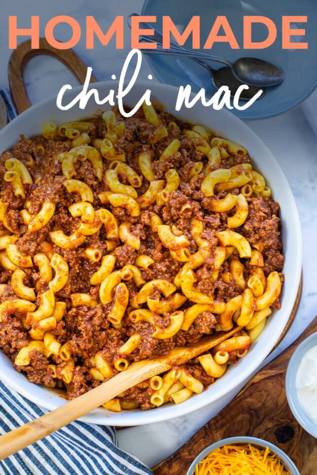 Chili mac in white bowl.