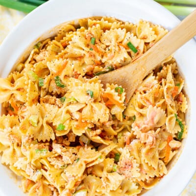 buffalo chicken pasta salad in white bowl.