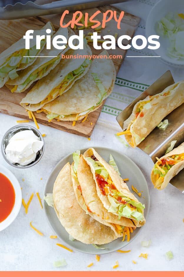 crispy tacos on plate with text for Pinterest.