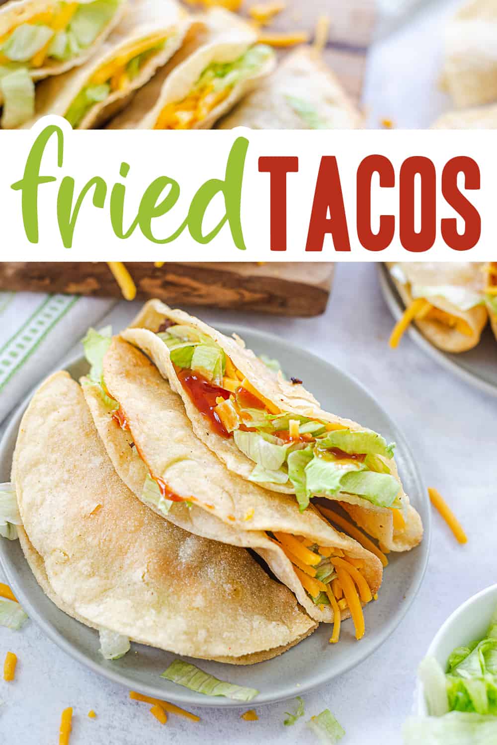 fried tacos on plate with text for Pinterest.