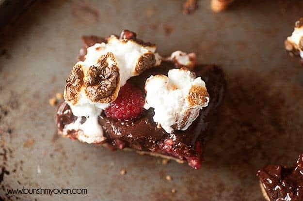 A raspberry smores bar on a baking sheet.