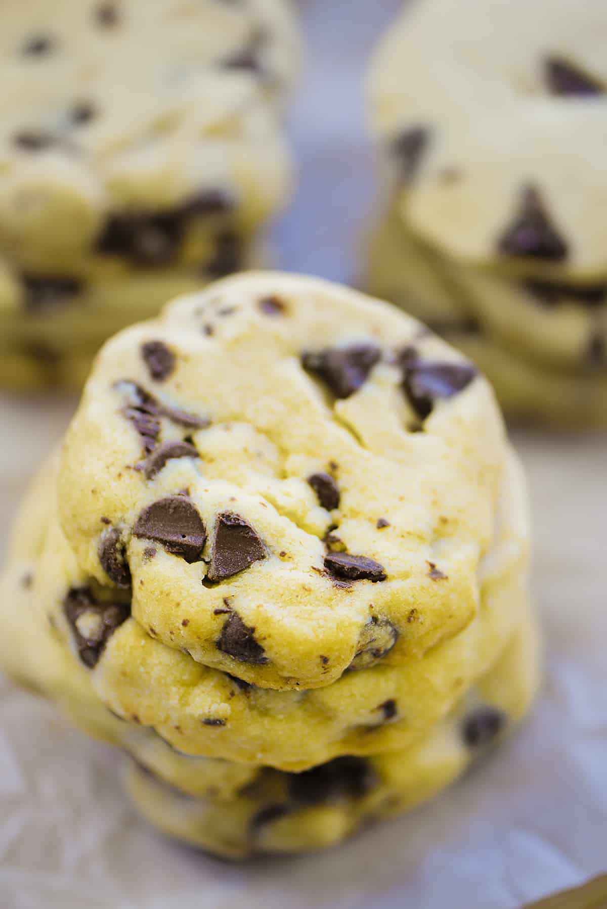 Stack of chocolate chip shortbread cookies.