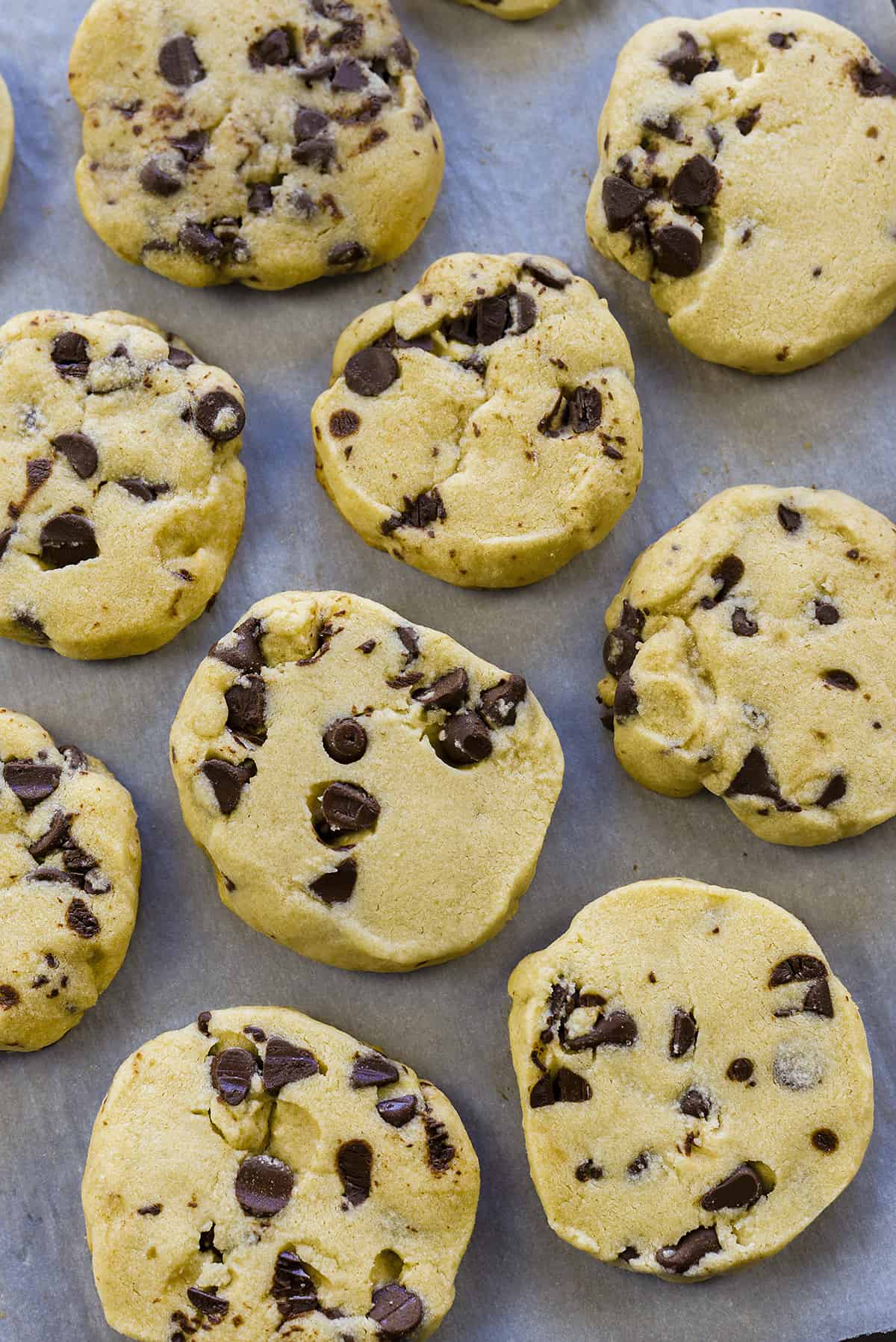 Chocolate chip shortbread cookies on baking sheet.
