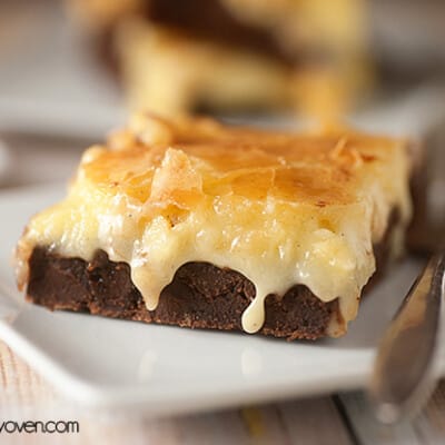 A close up of a gooey butter brownie.