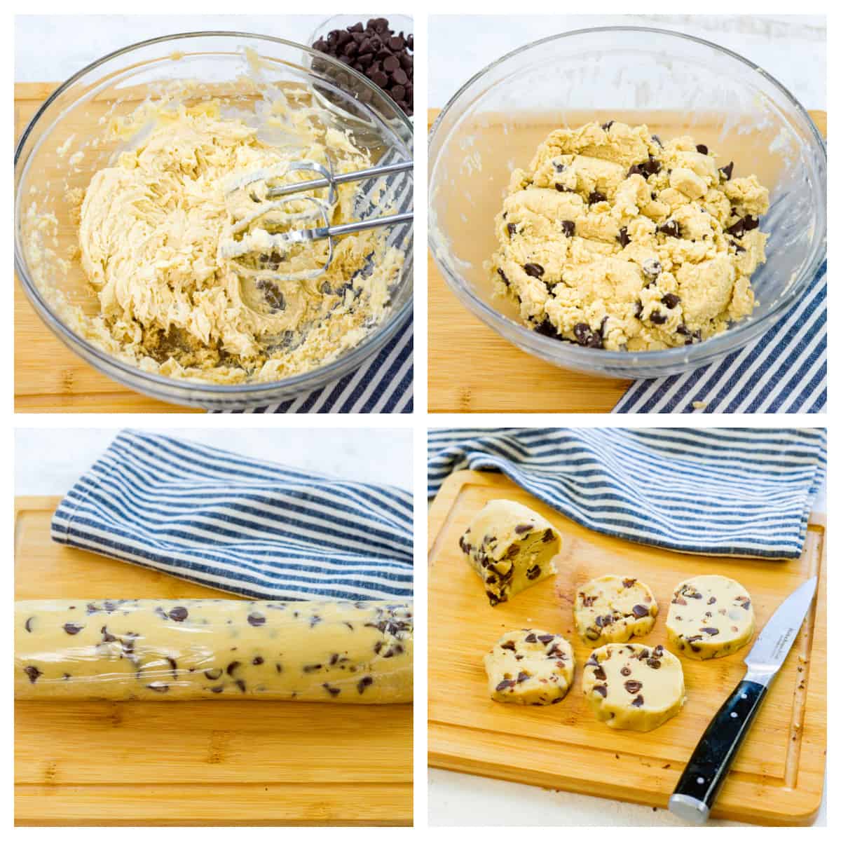 Collage showing how to make chocolate chip shortbread cookies.