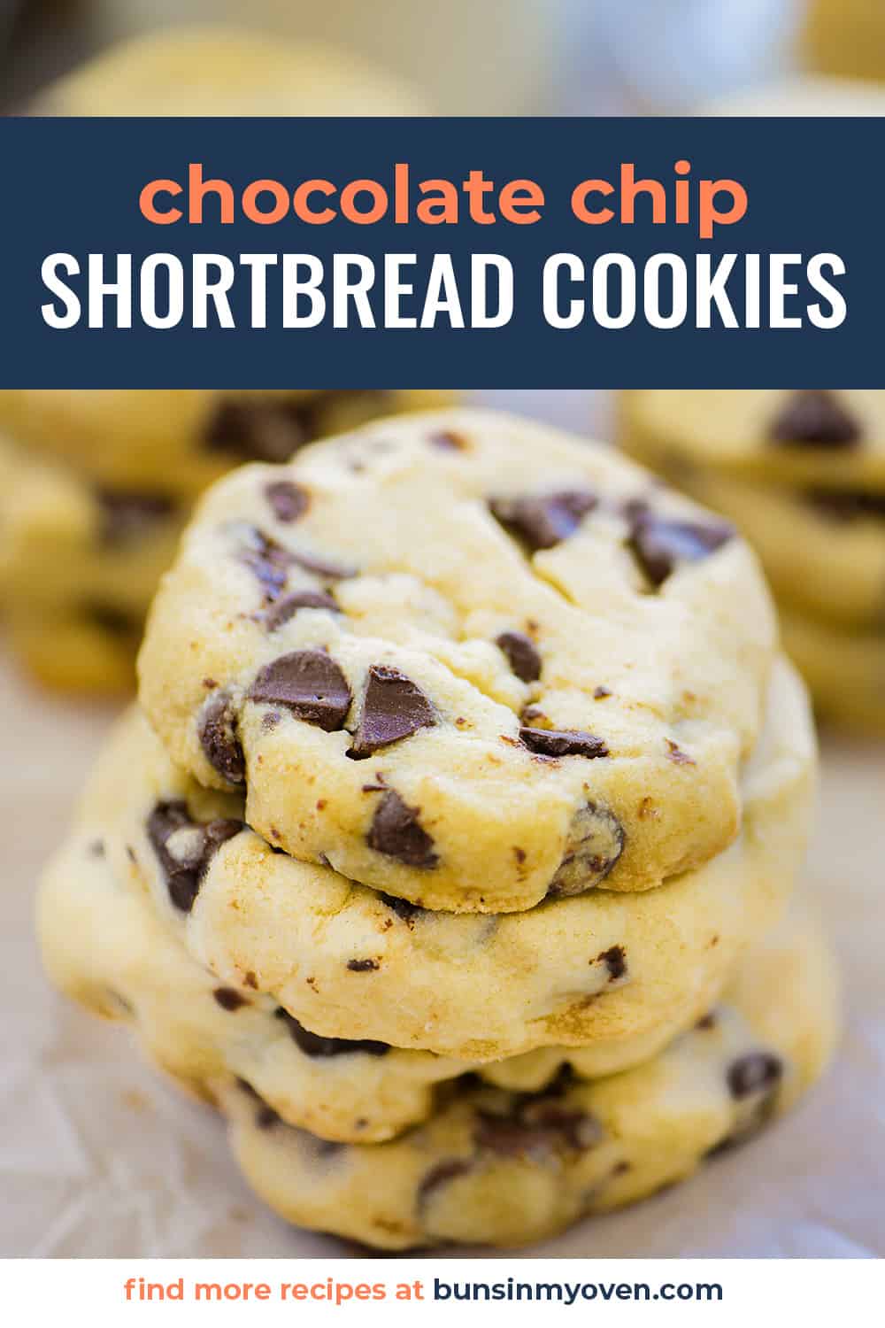 Stack of chocolate chip shortbread cookies with text for Pinterest.