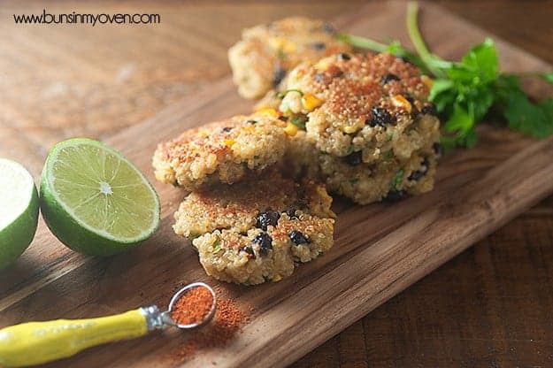 A stack of quinoa on a narrow cutting board.