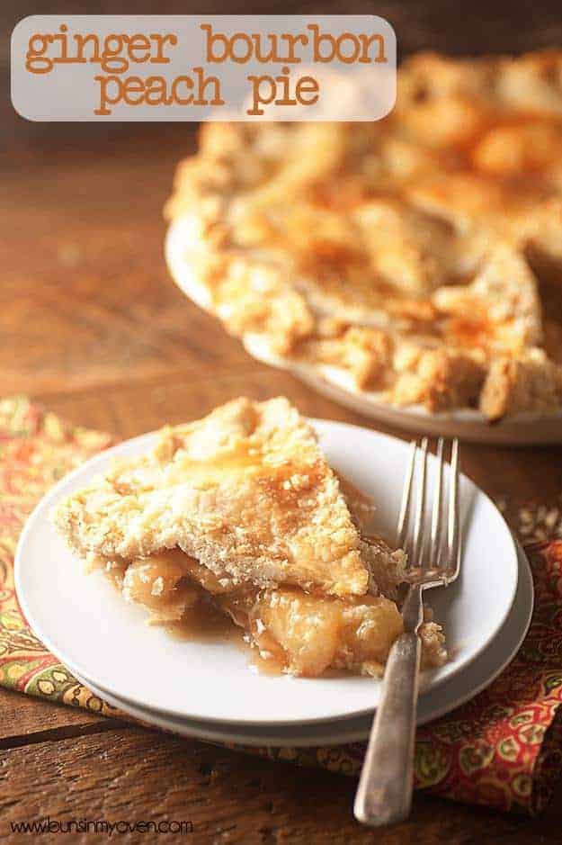 A peach pie on a white plate with a fork in front of a full peach pie on a pie plate.