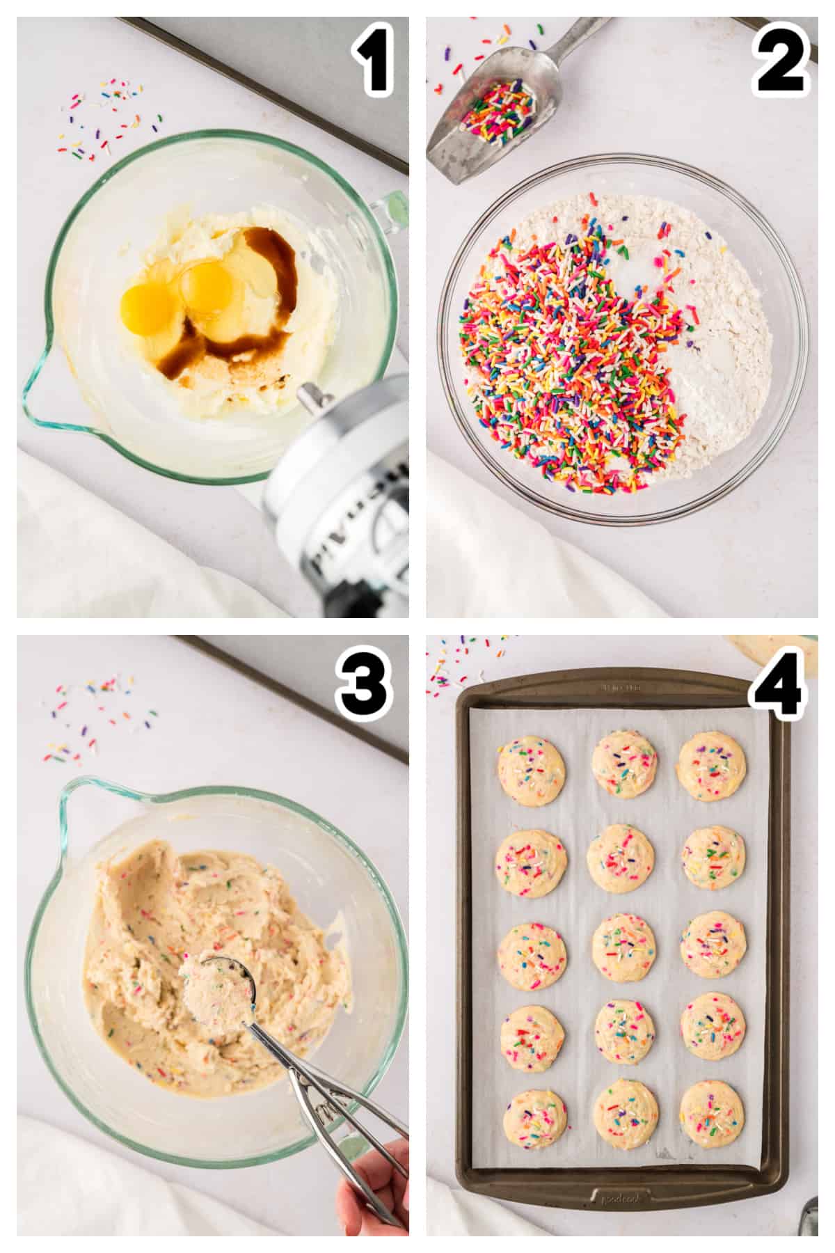 Collage showing how to make sprinkle sugar cookies.