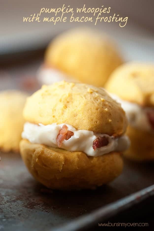 Maple bacon filling on a bunch of whoopies.