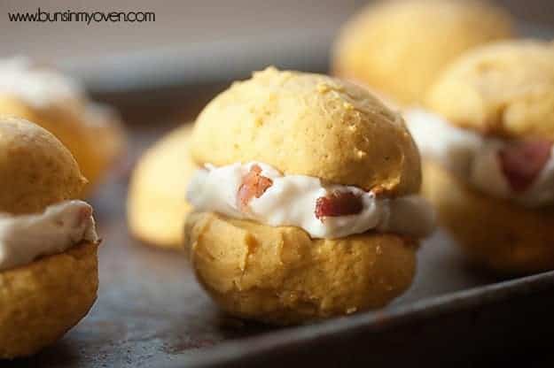 A close up of maple bacon filling on a pumpkin whoopie.