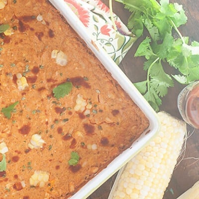 An overhead view of chicken enchilada dip in a white baking dish on a table.