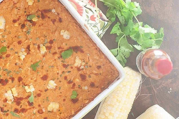 An overhead view of chicken enchilada dip in a white baking dish on a table.