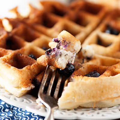 A close up of a fork holding up a bite of a blueberry waffle to the camera.