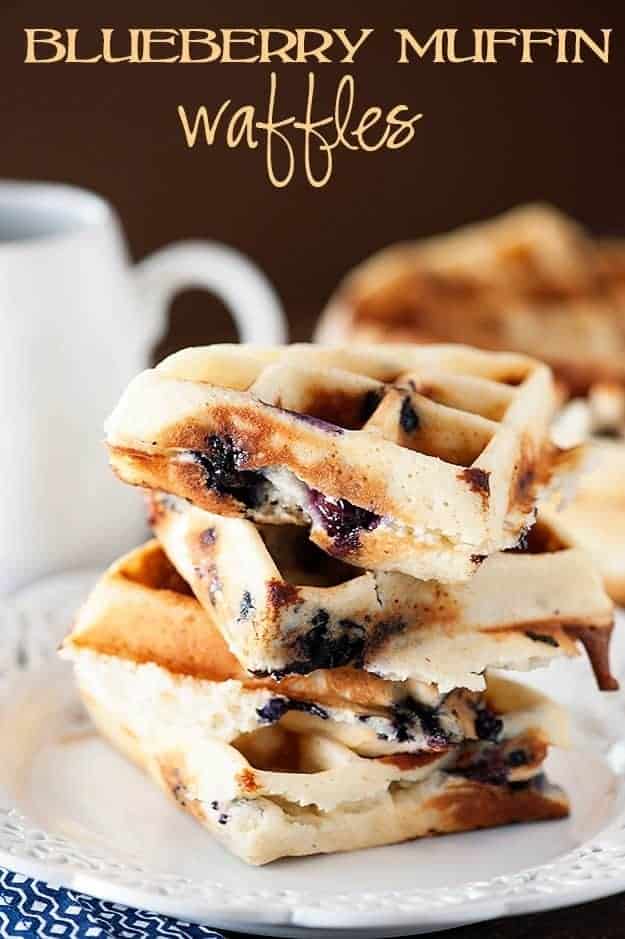 Tender blueberry muffins made in a waffle iron and covered in maple syrup!