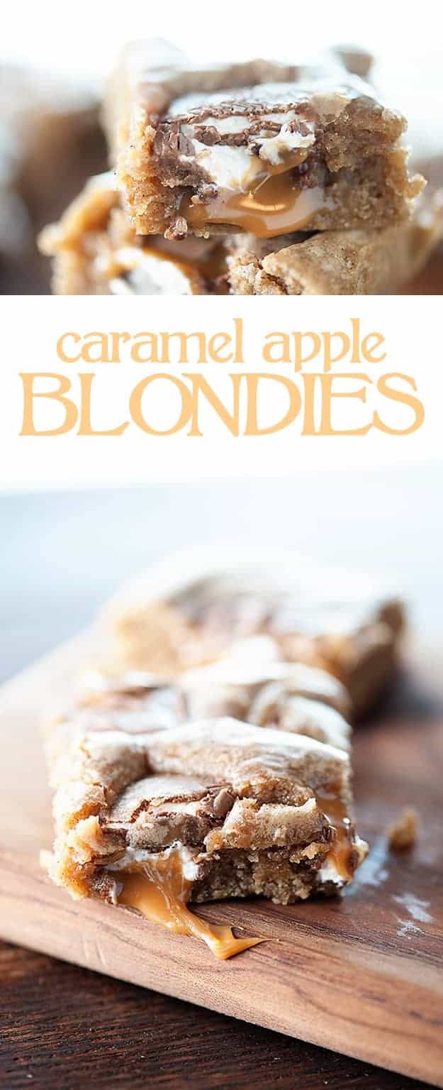 A close up of two caramel apple blondies on a wooden cutting board.