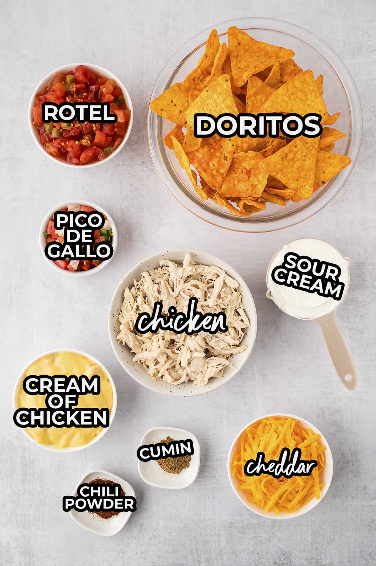 Dorito chicken casserole ingredients.