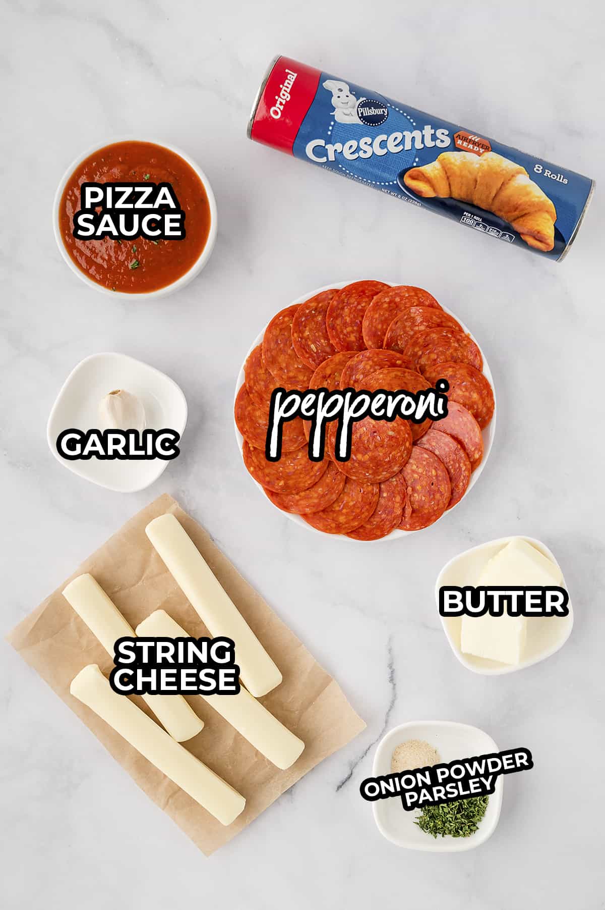 Ingredients for homemade pizza rolls made with crescent dough.