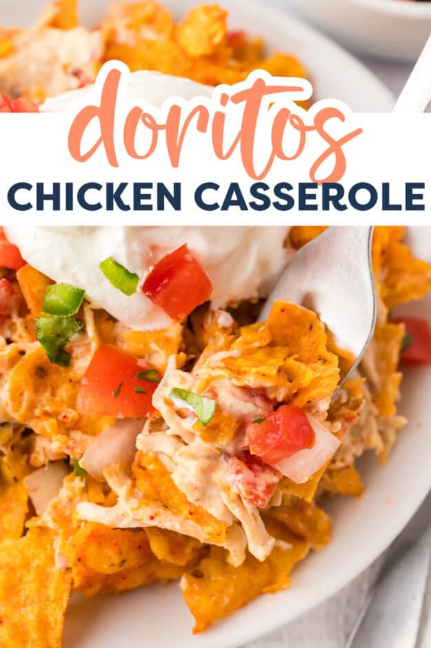 Chicken casserole with Doritos on white plate.