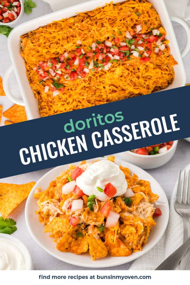 Collage of chicken dorito casserole images.