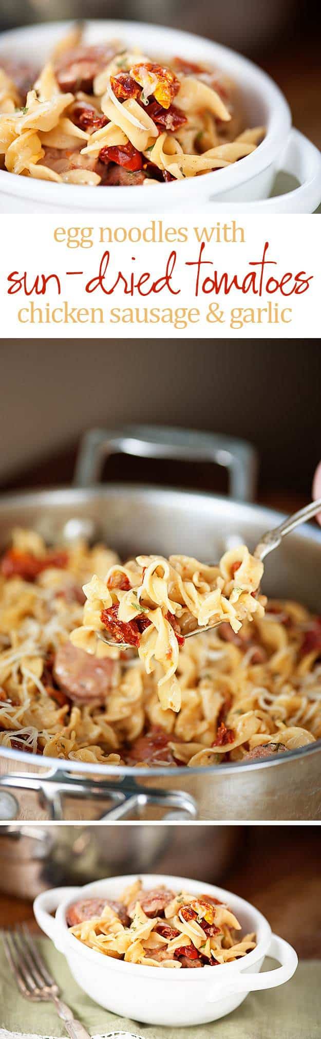 A scoop of chicken and noodles being held up to the camera.