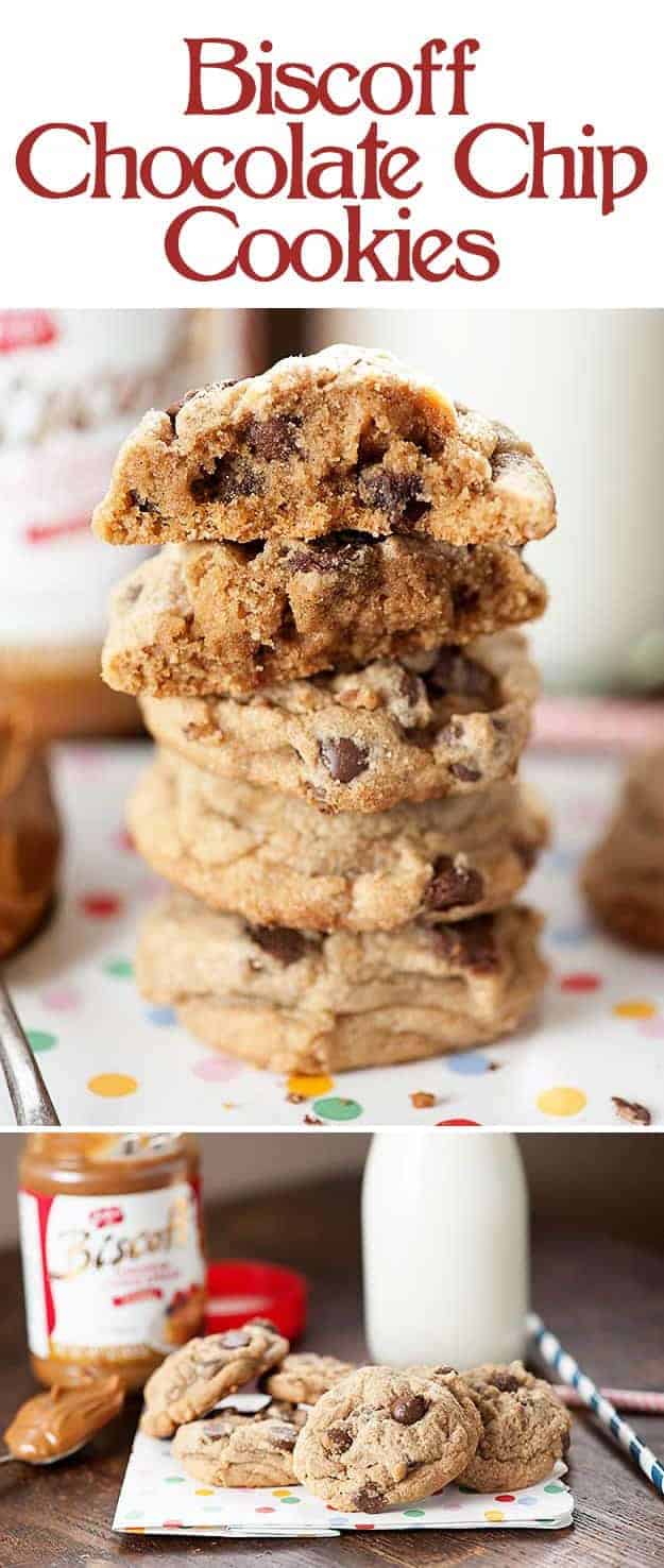 A close up of stacked up chocolate chip cookies where the top two cookies are cut in half on a polka dot napkin