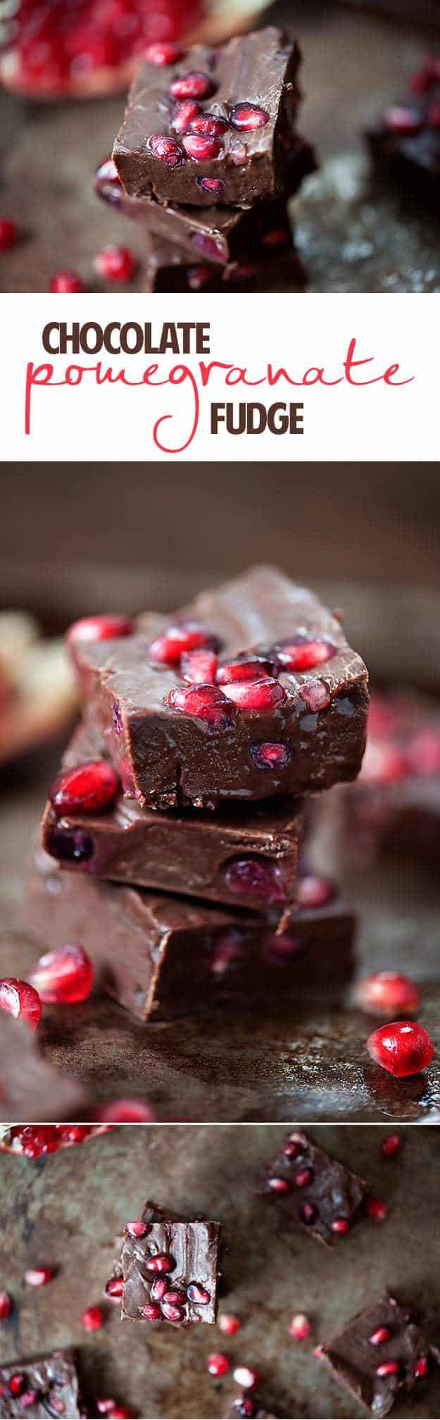 A close up of chocolate and pomegranate fudge squares on a wooden table.