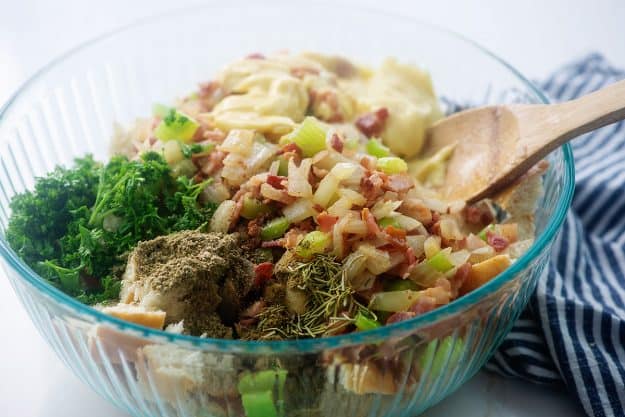 stuffing ingredients in mixing bowl.