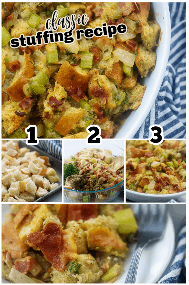 collage of how to make stuffing.